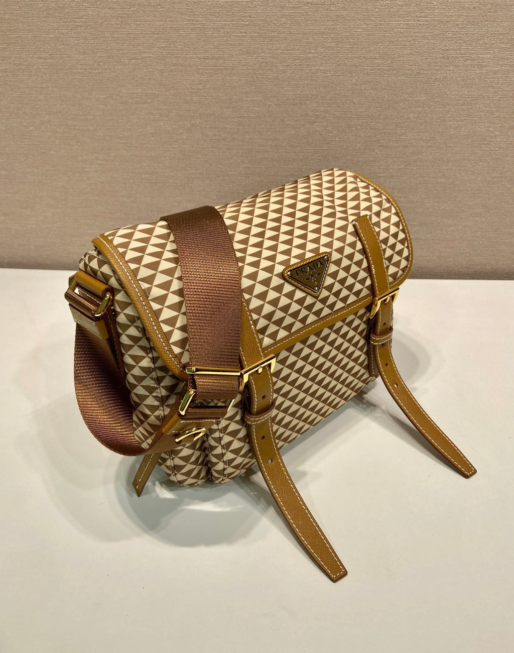 PRADA MESSENGER BAG 25 IN BROWN MIX CREAM TRIANGLE PATTERN EMBROIDERED FABRIC