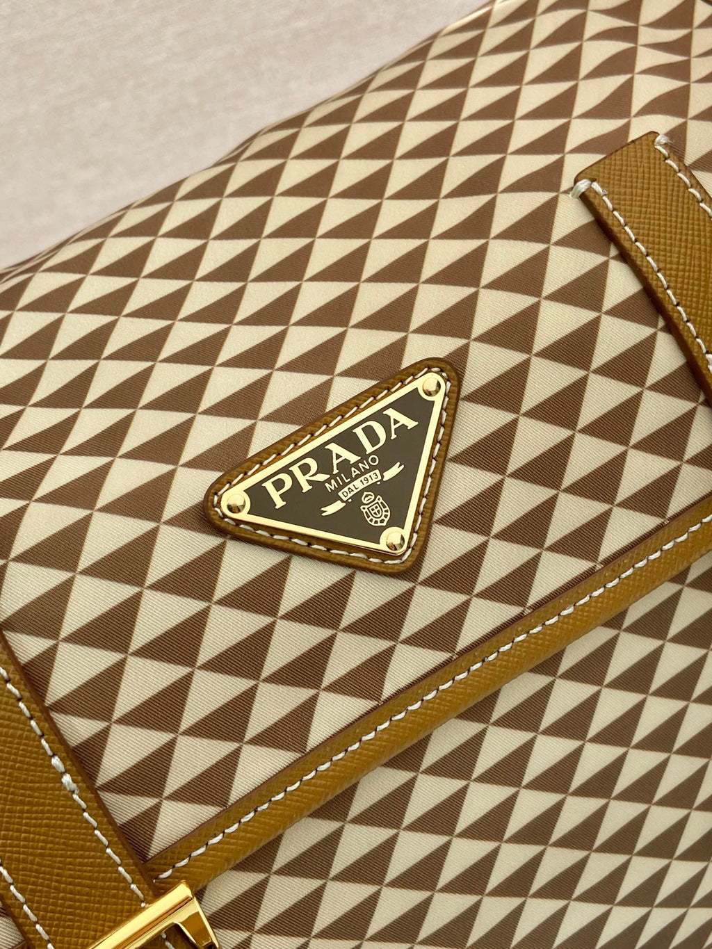 PRADA MESSENGER BAG 25 IN BROWN MIX CREAM TRIANGLE PATTERN EMBROIDERED FABRIC