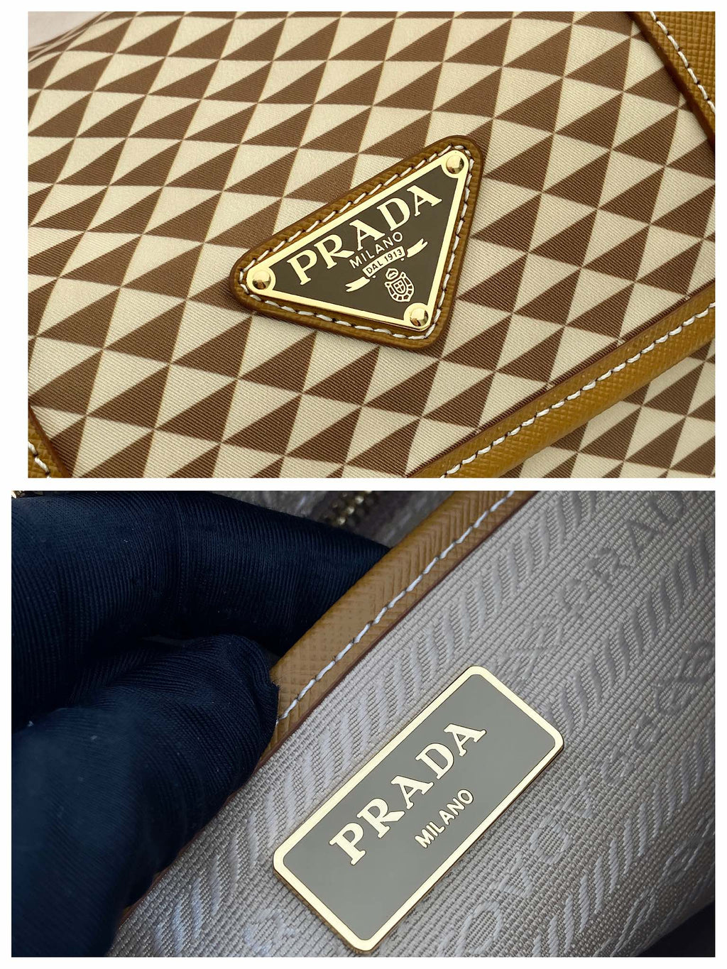 PRADA MESSENGER BAG 25 IN BROWN MIX CREAM TRIANGLE PATTERN EMBROIDERED FABRIC