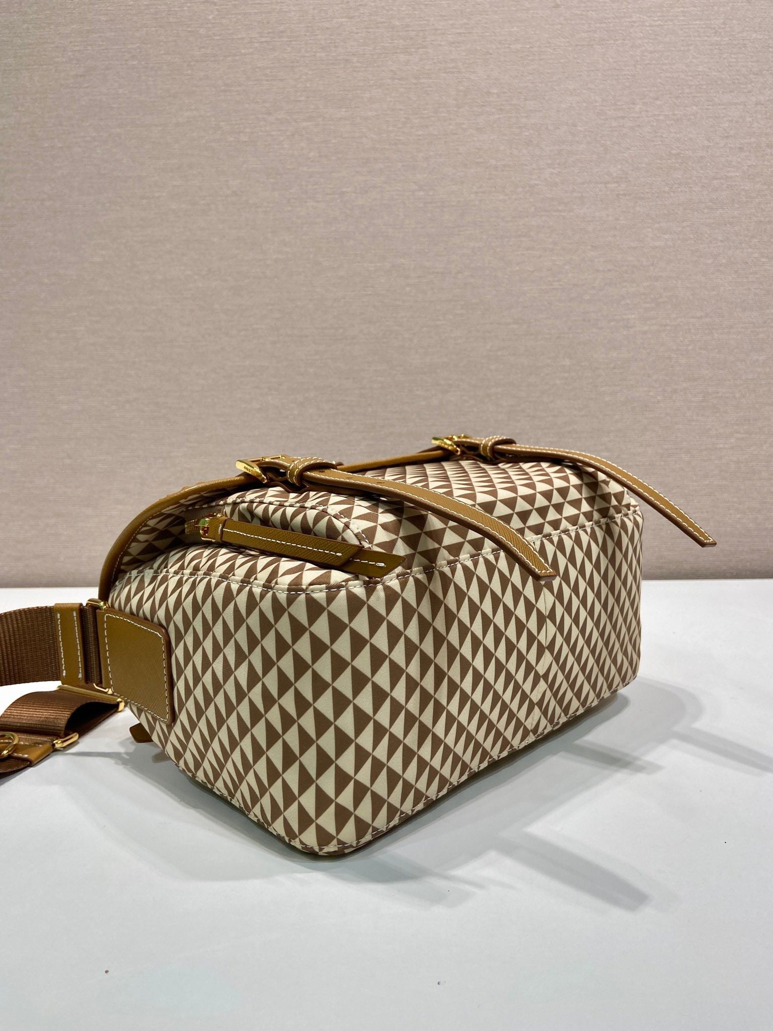 PRADA MESSENGER BAG 25 IN BROWN MIX CREAM TRIANGLE PATTERN EMBROIDERED FABRIC