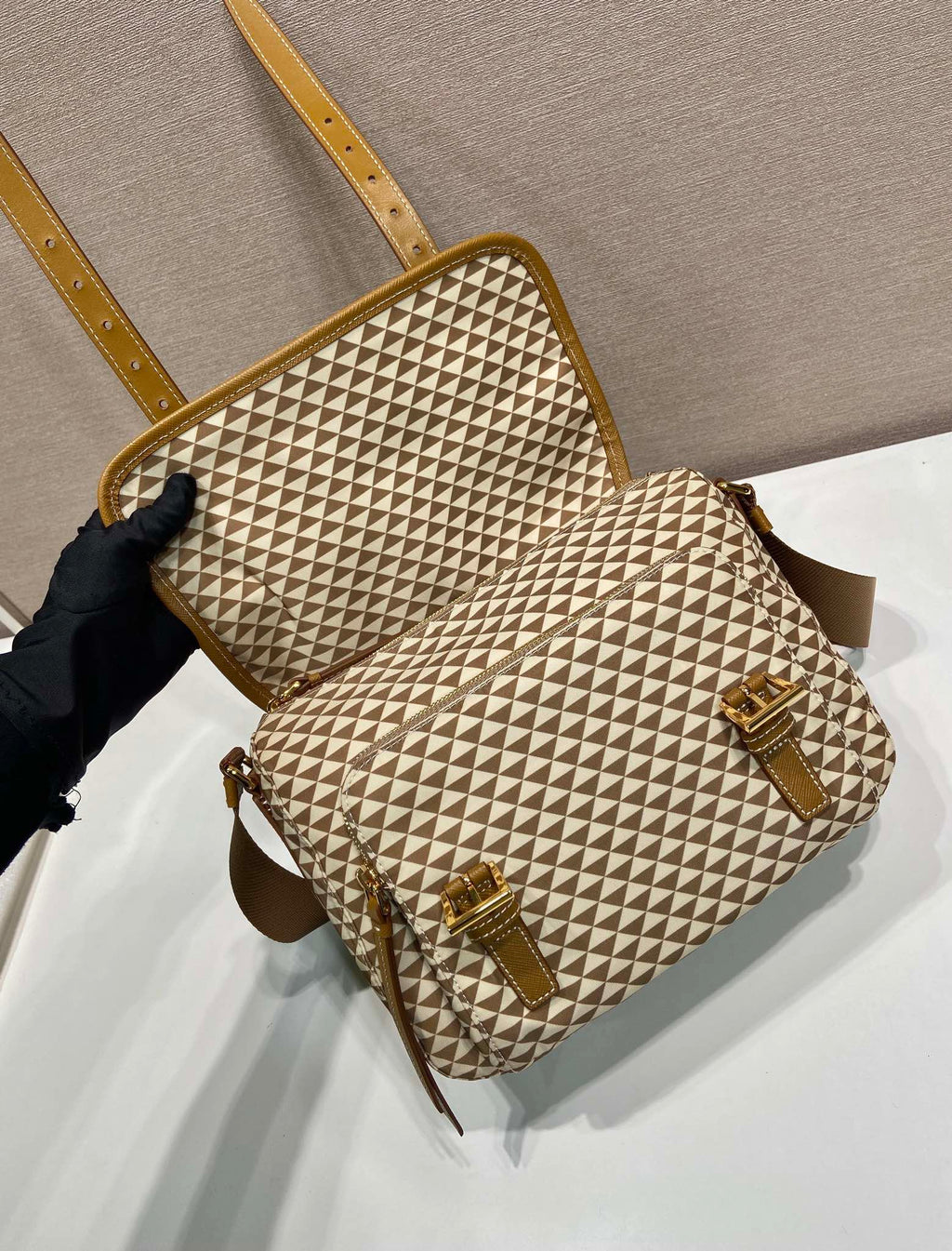PRADA MESSENGER BAG 25 IN BROWN MIX CREAM TRIANGLE PATTERN EMBROIDERED FABRIC