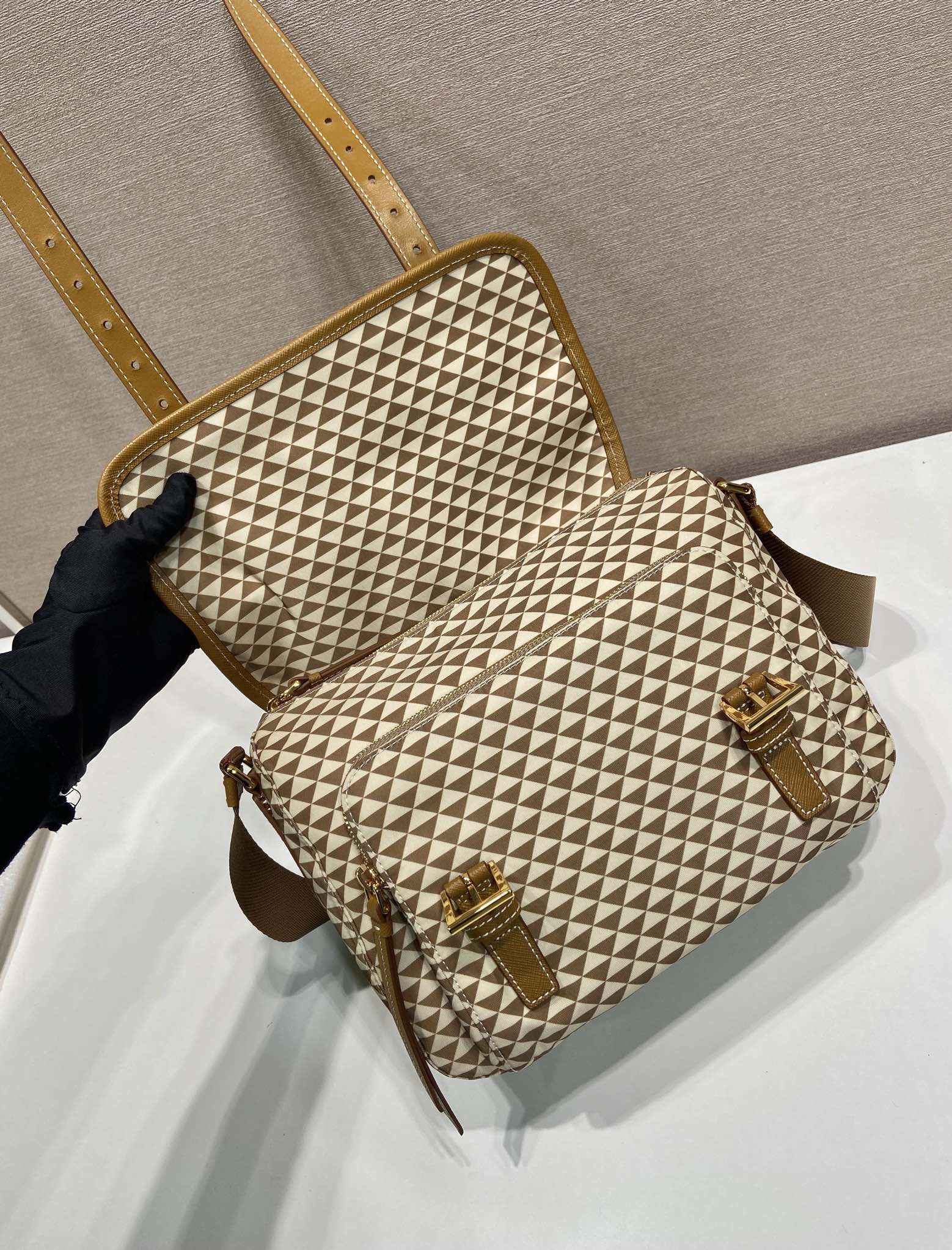PRADA MESSENGER BAG 25 IN BROWN MIX CREAM TRIANGLE PATTERN EMBROIDERED FABRIC