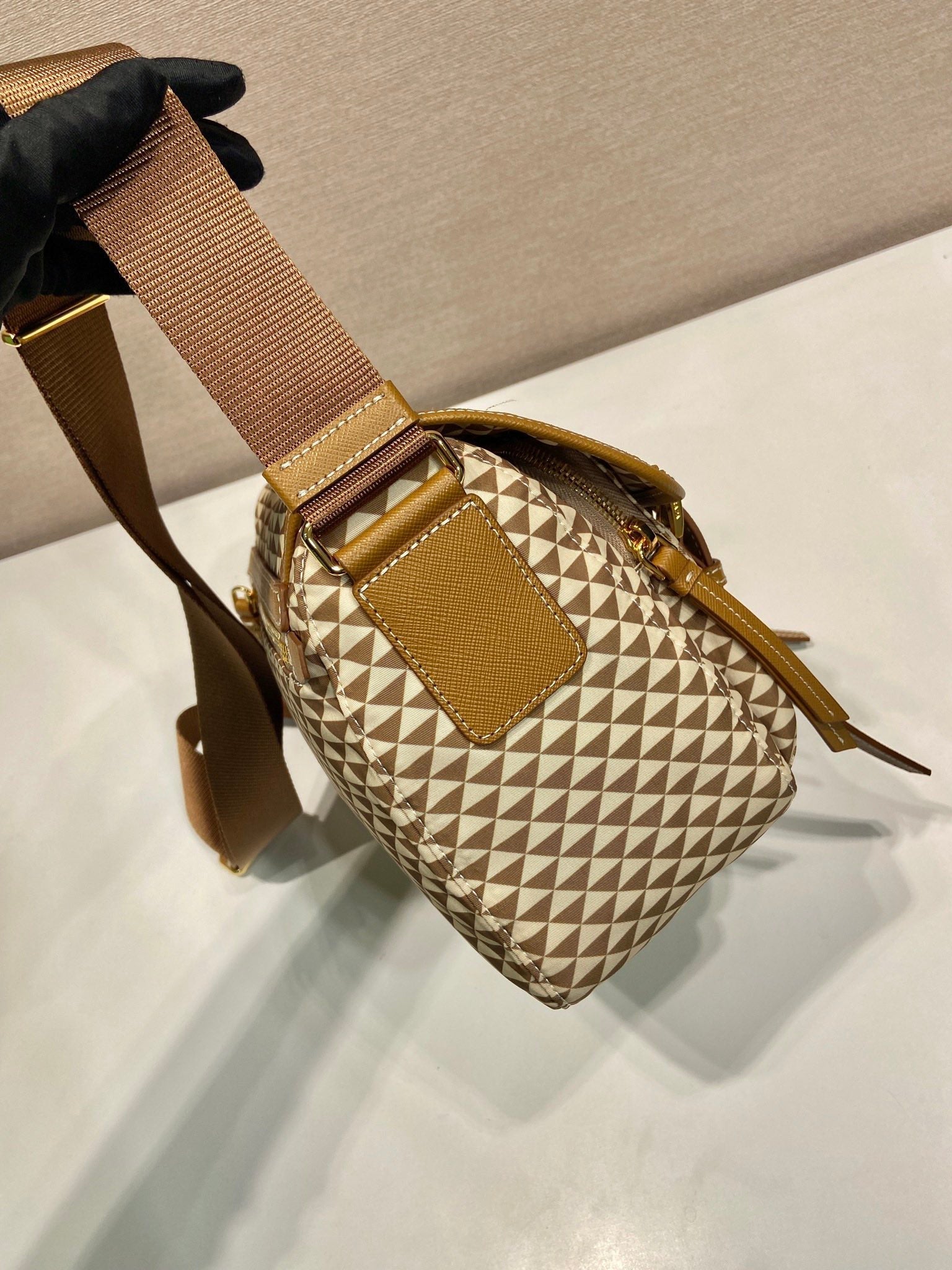 PRADA MESSENGER BAG 25 IN BROWN MIX CREAM TRIANGLE PATTERN EMBROIDERED FABRIC