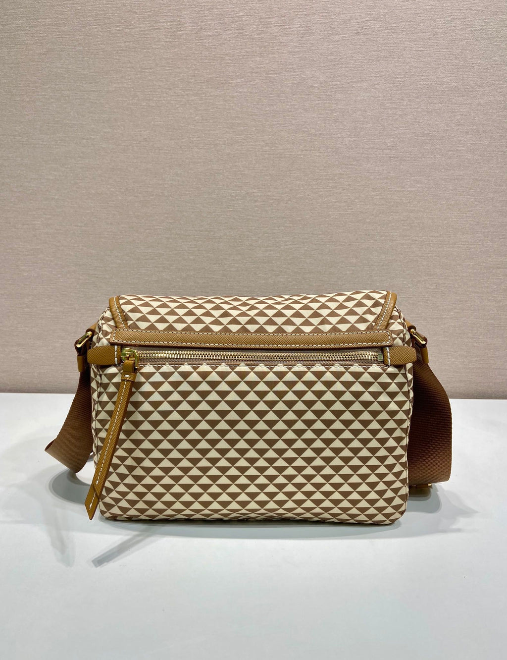 PRADA MESSENGER BAG 25 IN BROWN MIX CREAM TRIANGLE PATTERN EMBROIDERED FABRIC