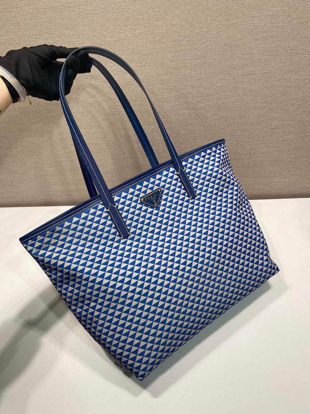 PRADA TOTE BAG 33 IN BLUE MIX WHITE TRIANGLE PATTERN EMBROIDERED FABRIC