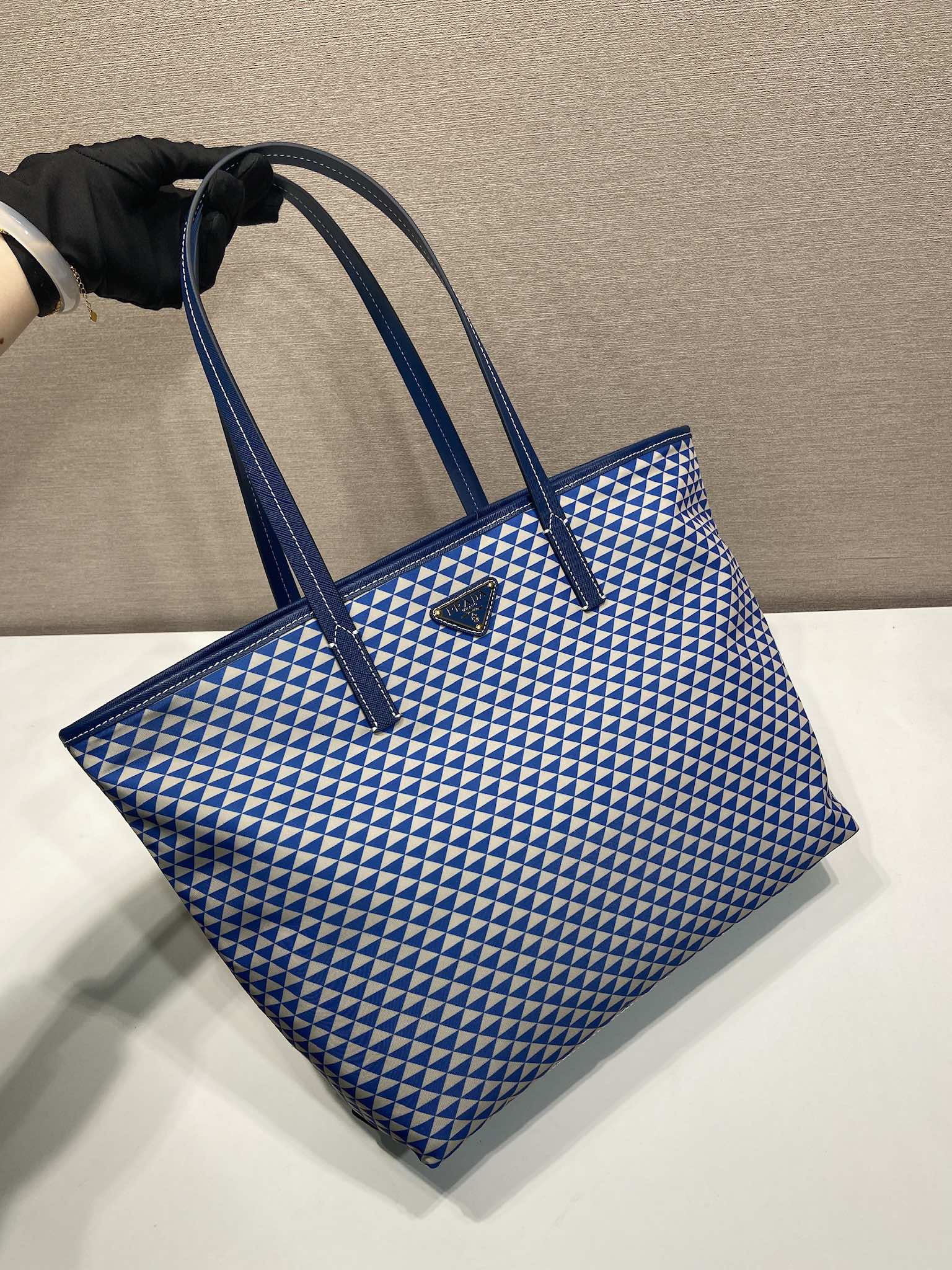 PRADA TOTE BAG 33 IN BLUE MIX WHITE TRIANGLE PATTERN EMBROIDERED FABRIC