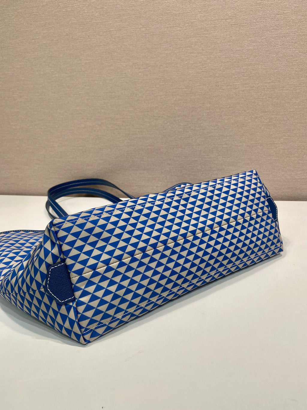 PRADA TOTE BAG 33 IN BLUE MIX WHITE TRIANGLE PATTERN EMBROIDERED FABRIC