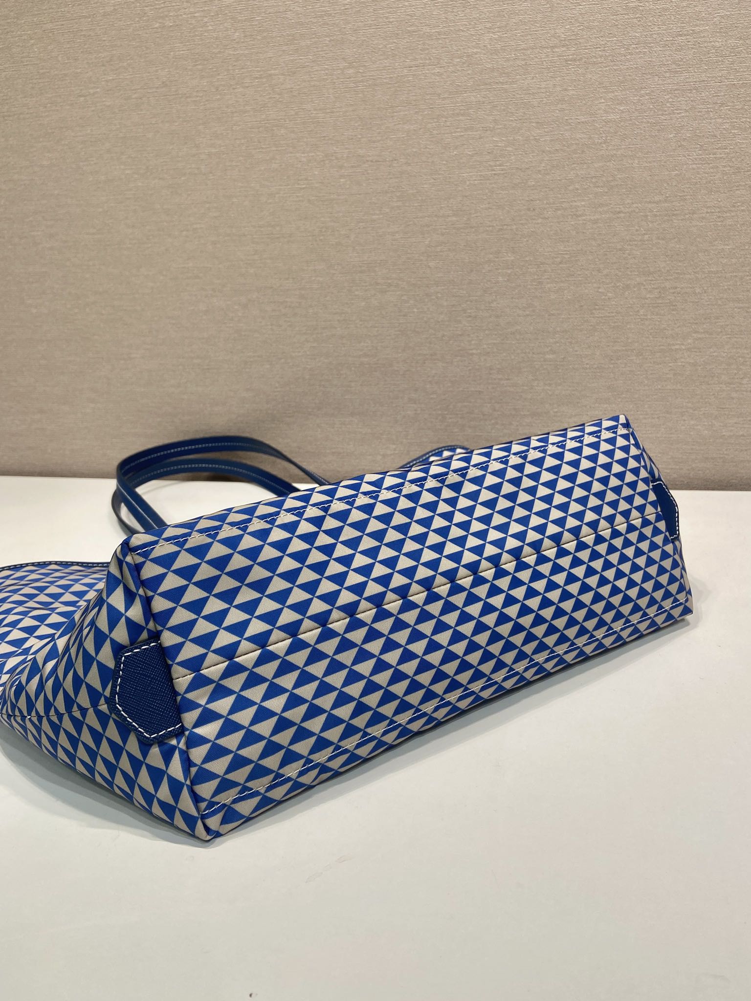 PRADA TOTE BAG 33 IN BLUE MIX WHITE TRIANGLE PATTERN EMBROIDERED FABRIC