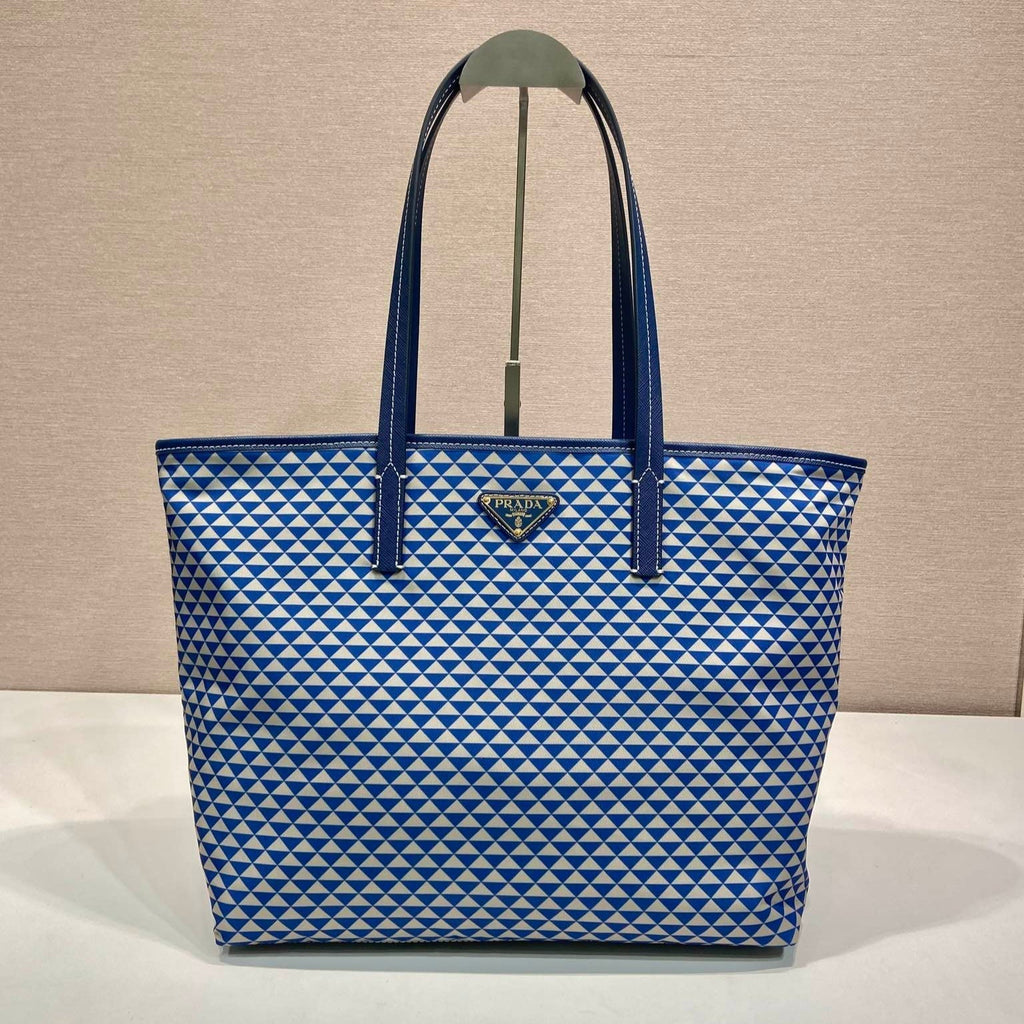 PRADA TOTE BAG 33 IN BLUE MIX WHITE TRIANGLE PATTERN EMBROIDERED FABRIC
