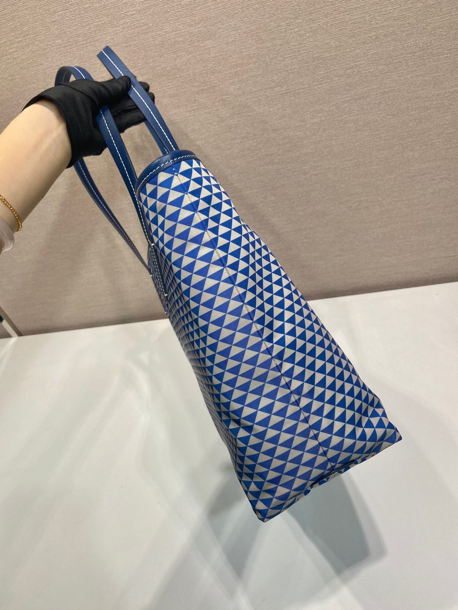 PRADA TOTE BAG 33 IN BLUE MIX WHITE TRIANGLE PATTERN EMBROIDERED FABRIC