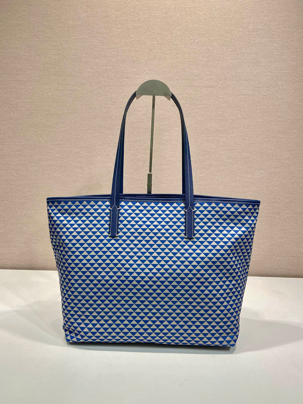PRADA TOTE BAG 33 IN BLUE MIX WHITE TRIANGLE PATTERN EMBROIDERED FABRIC