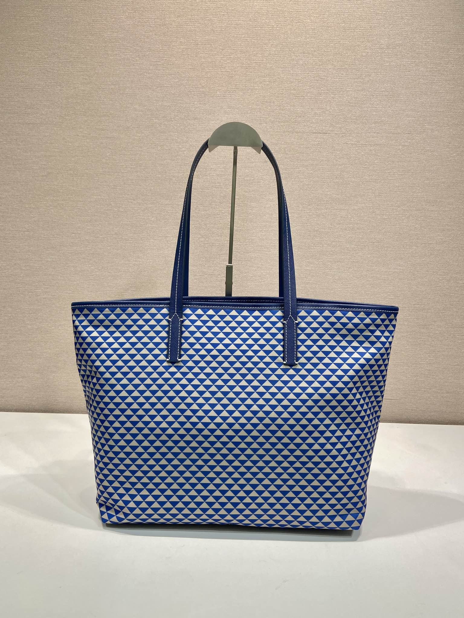 PRADA TOTE BAG 33 IN BLUE MIX WHITE TRIANGLE PATTERN EMBROIDERED FABRIC