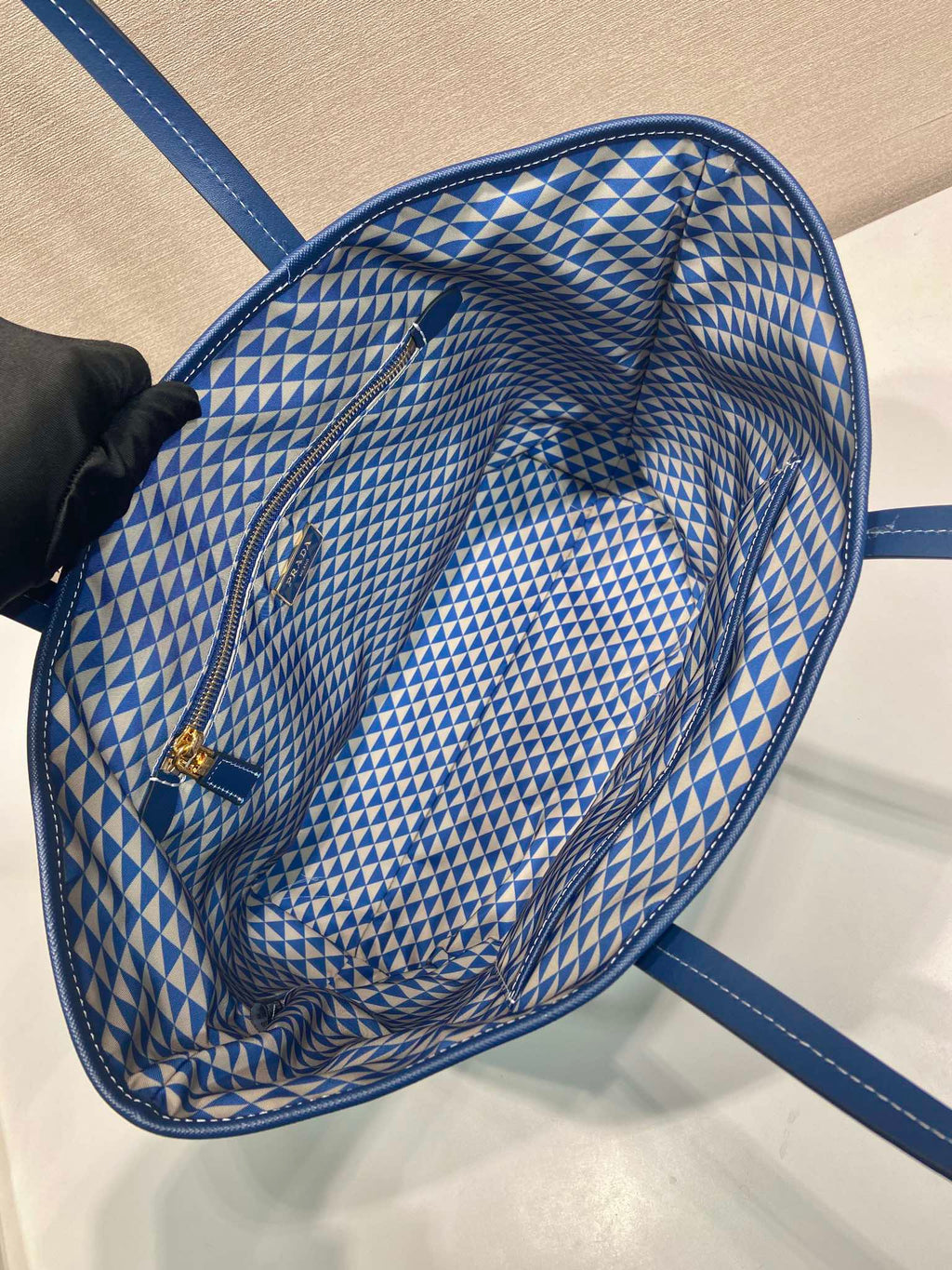 PRADA TOTE BAG 33 IN BLUE MIX WHITE TRIANGLE PATTERN EMBROIDERED FABRIC