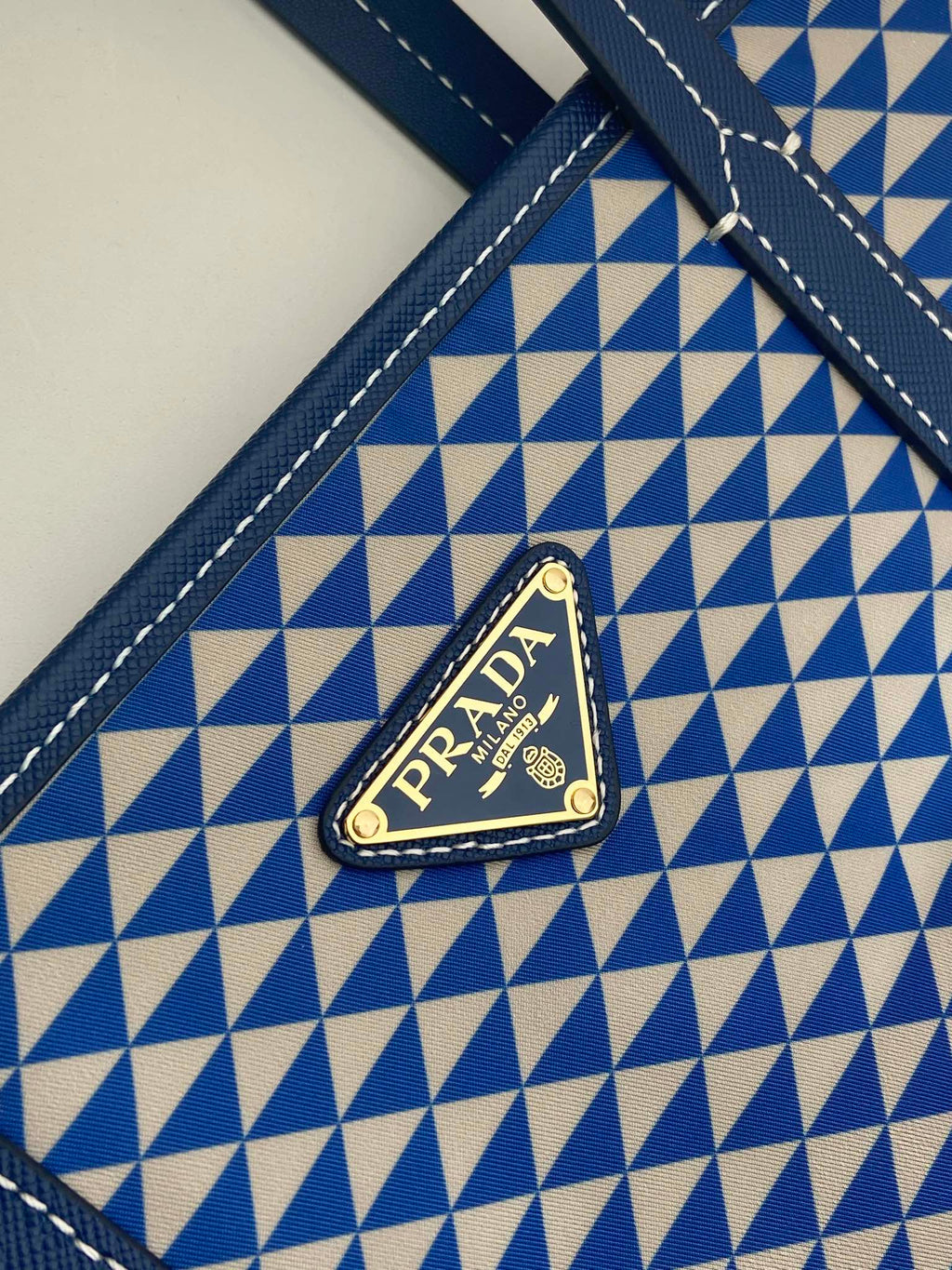 PRADA TOTE BAG 33 IN BLUE MIX WHITE TRIANGLE PATTERN EMBROIDERED FABRIC