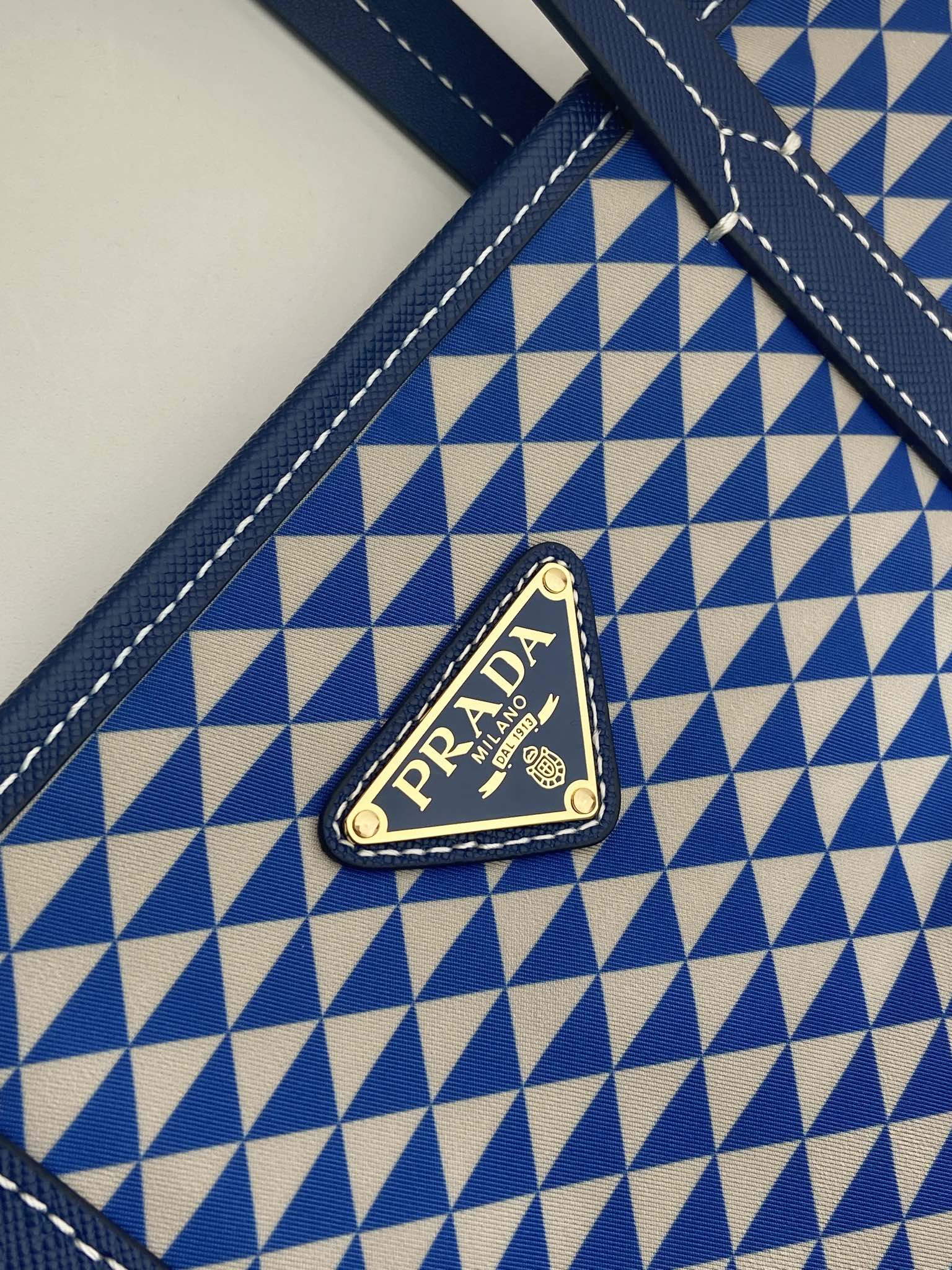 PRADA TOTE BAG 33 IN BLUE MIX WHITE TRIANGLE PATTERN EMBROIDERED FABRIC