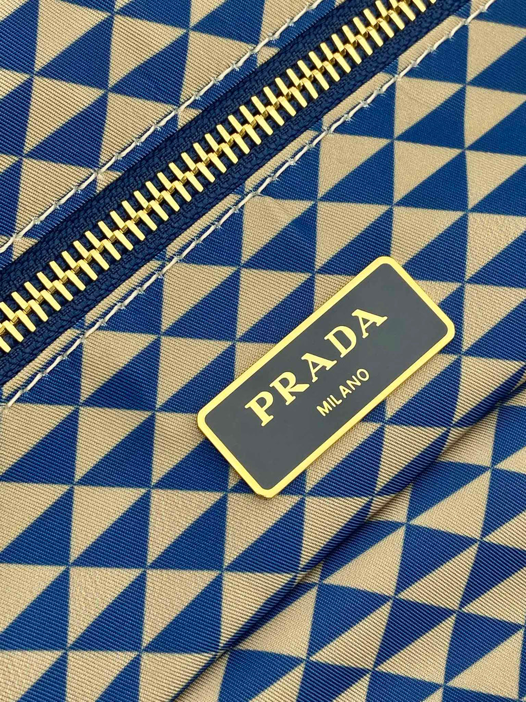 PRADA TOTE BAG 33 IN BLUE MIX WHITE TRIANGLE PATTERN EMBROIDERED FABRIC