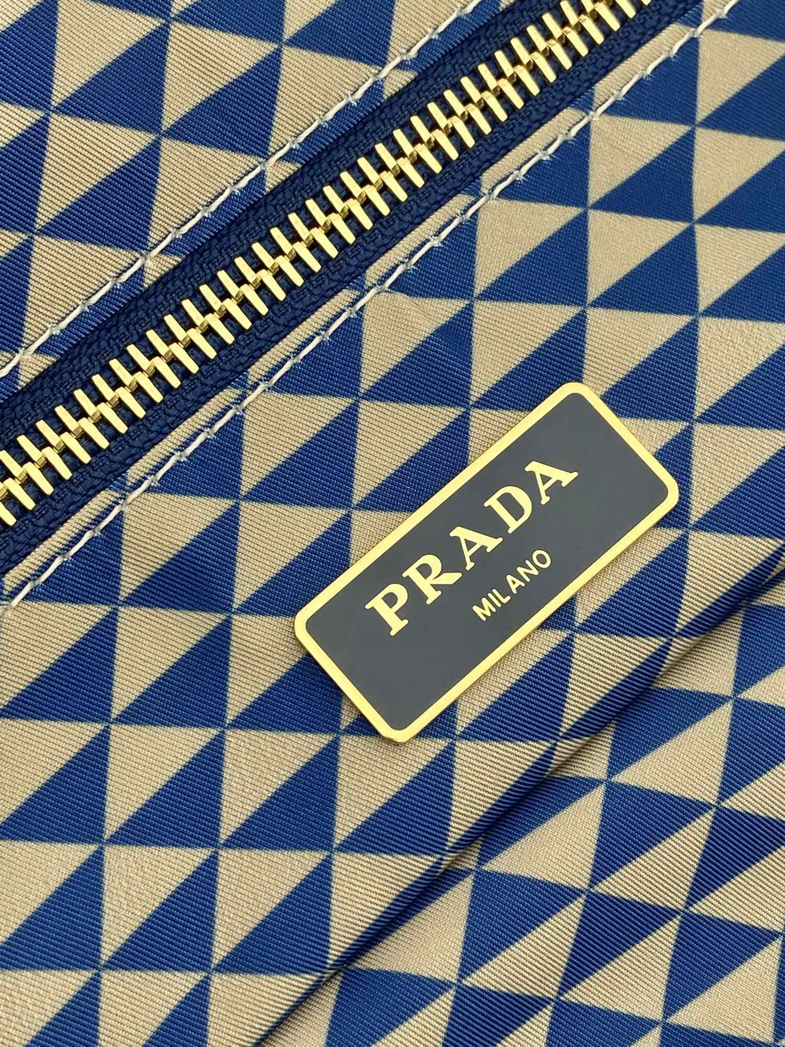 PRADA TOTE BAG 33 IN BLUE MIX WHITE TRIANGLE PATTERN EMBROIDERED FABRIC