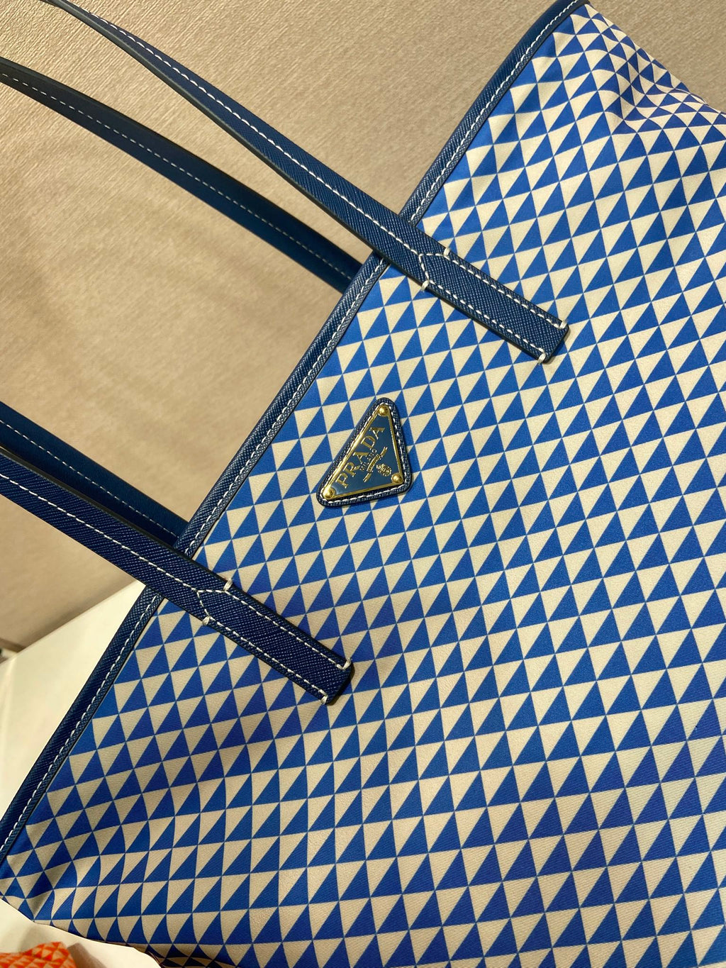 PRADA TOTE BAG 33 IN BLUE MIX WHITE TRIANGLE PATTERN EMBROIDERED FABRIC