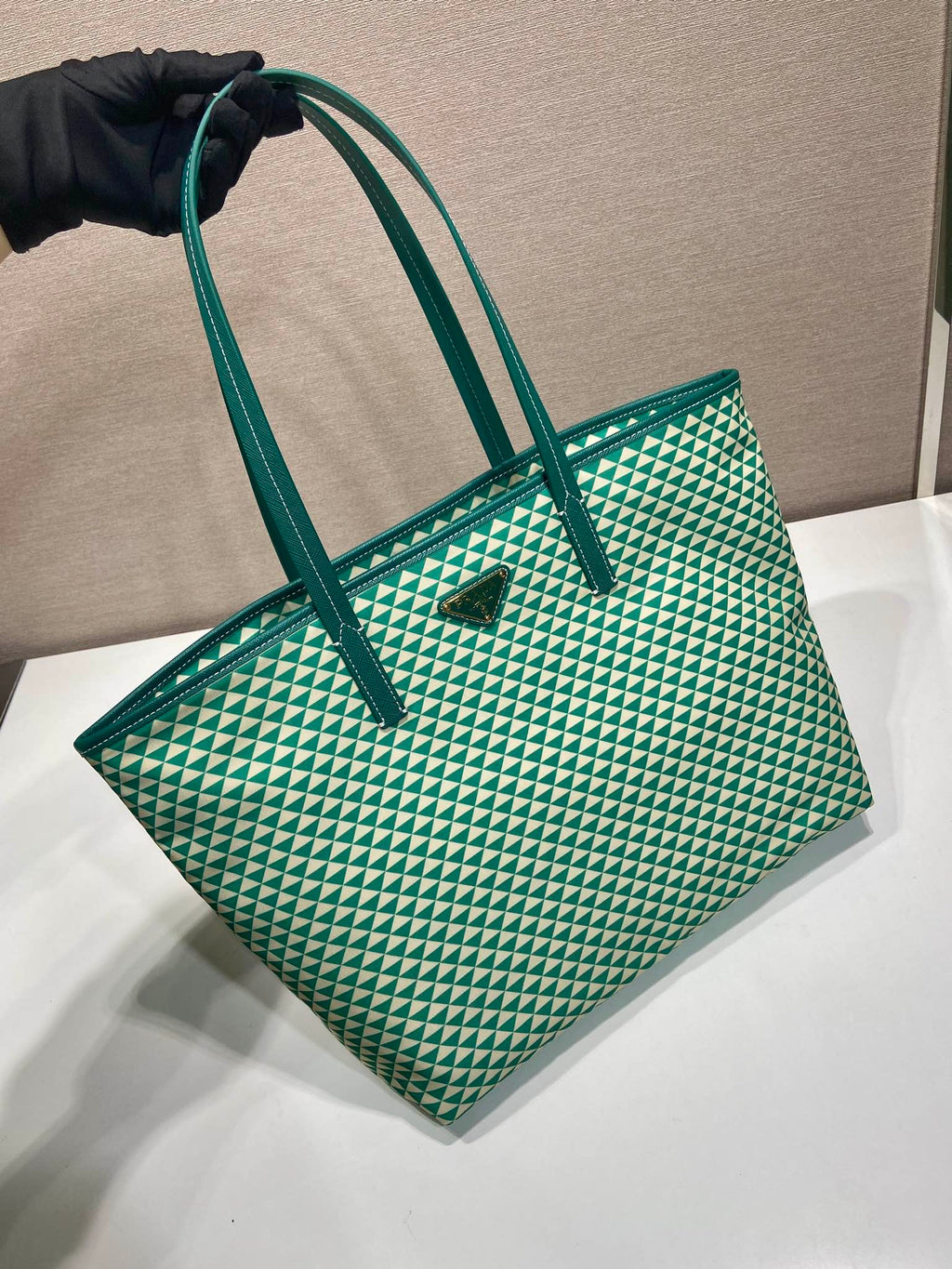PRADA TOTE BAG 33 IN FOREST GREEN MIX CREAM TRIANGLE PATTERN EMBROIDERED FABRIC
