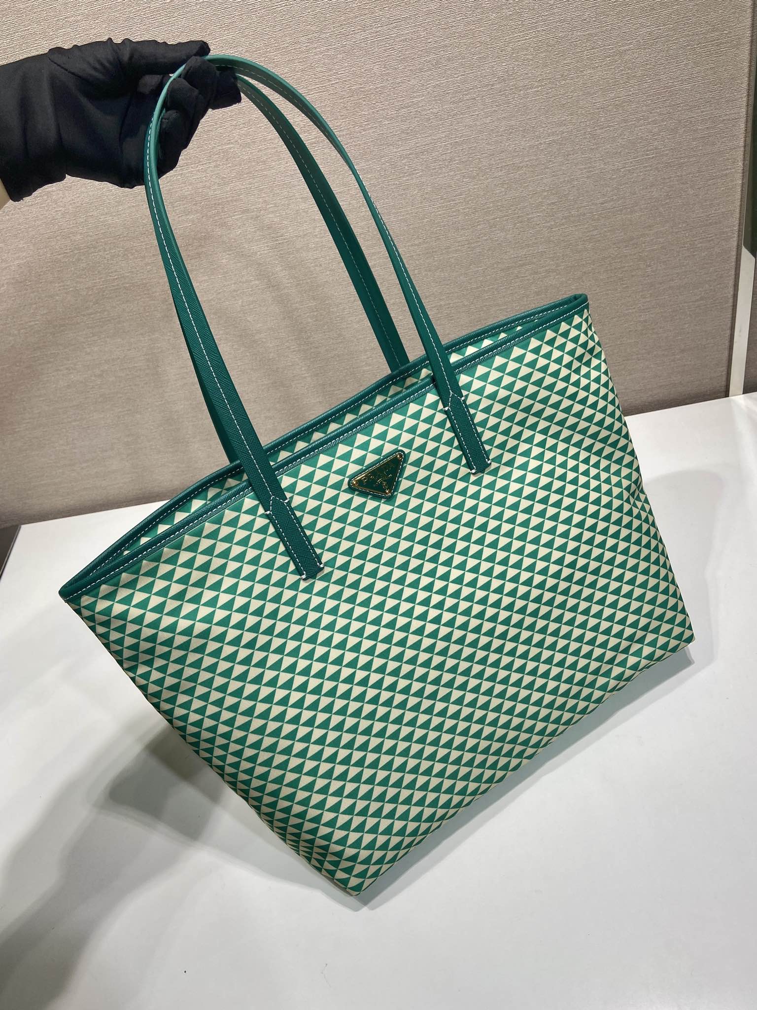 PRADA TOTE BAG 33 IN FOREST GREEN MIX CREAM TRIANGLE PATTERN EMBROIDERED FABRIC