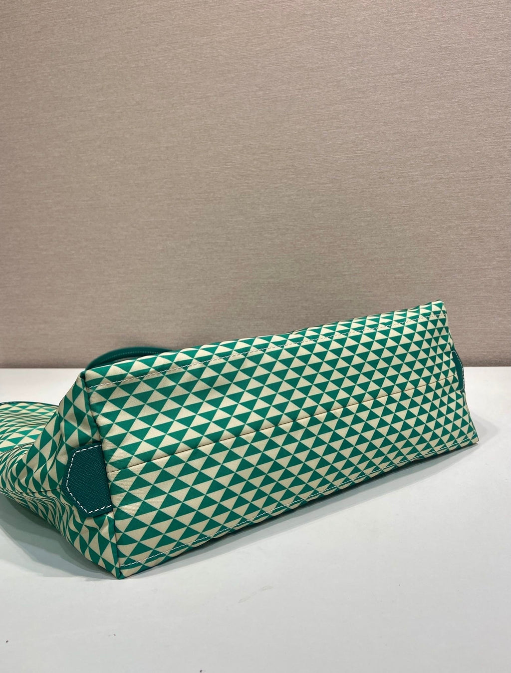PRADA TOTE BAG 33 IN FOREST GREEN MIX CREAM TRIANGLE PATTERN EMBROIDERED FABRIC