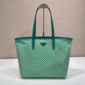 PRADA TOTE BAG 33 IN FOREST GREEN MIX CREAM TRIANGLE PATTERN EMBROIDERED FABRIC