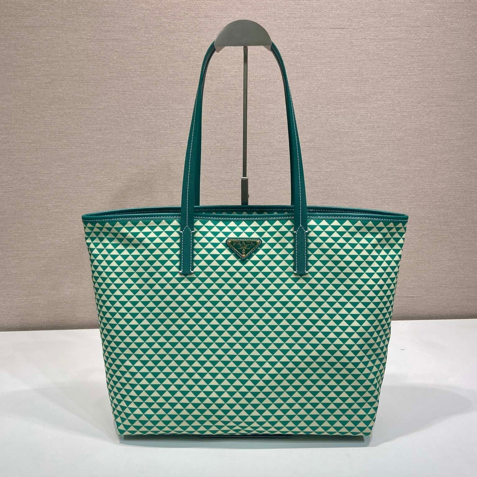 PRADA TOTE BAG 33 IN FOREST GREEN MIX CREAM TRIANGLE PATTERN EMBROIDERED FABRIC