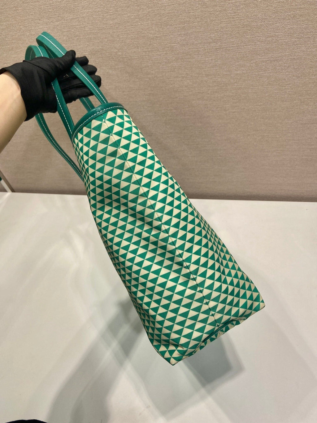 PRADA TOTE BAG 33 IN FOREST GREEN MIX CREAM TRIANGLE PATTERN EMBROIDERED FABRIC