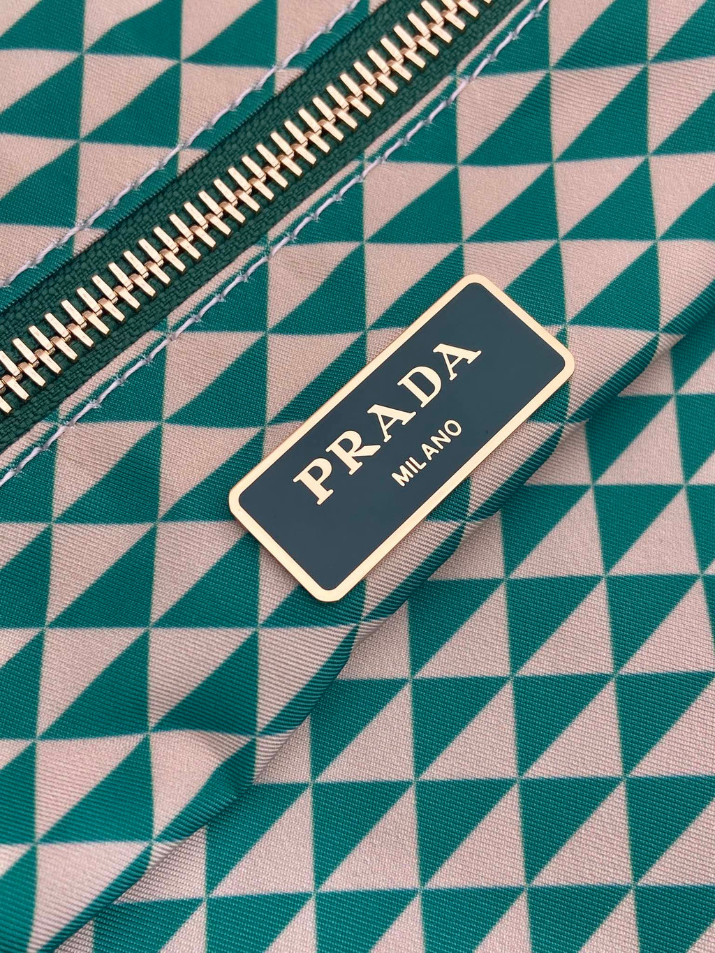 PRADA TOTE BAG 33 IN FOREST GREEN MIX CREAM TRIANGLE PATTERN EMBROIDERED FABRIC
