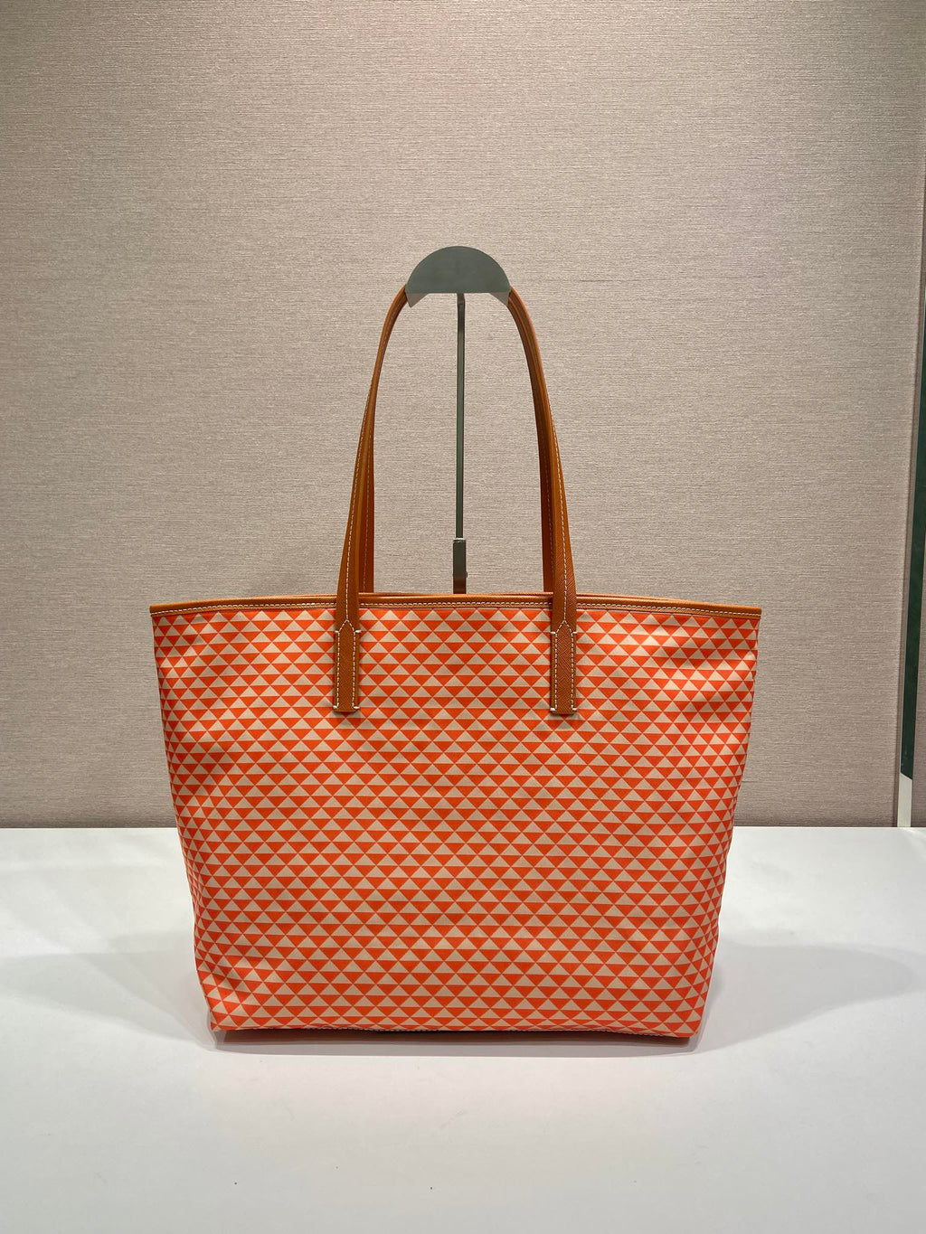 PRADA TOTE BAG 33 IN ORANGE MIX WHITE TRIANGLE PATTERN EMBROIDERED FABRIC