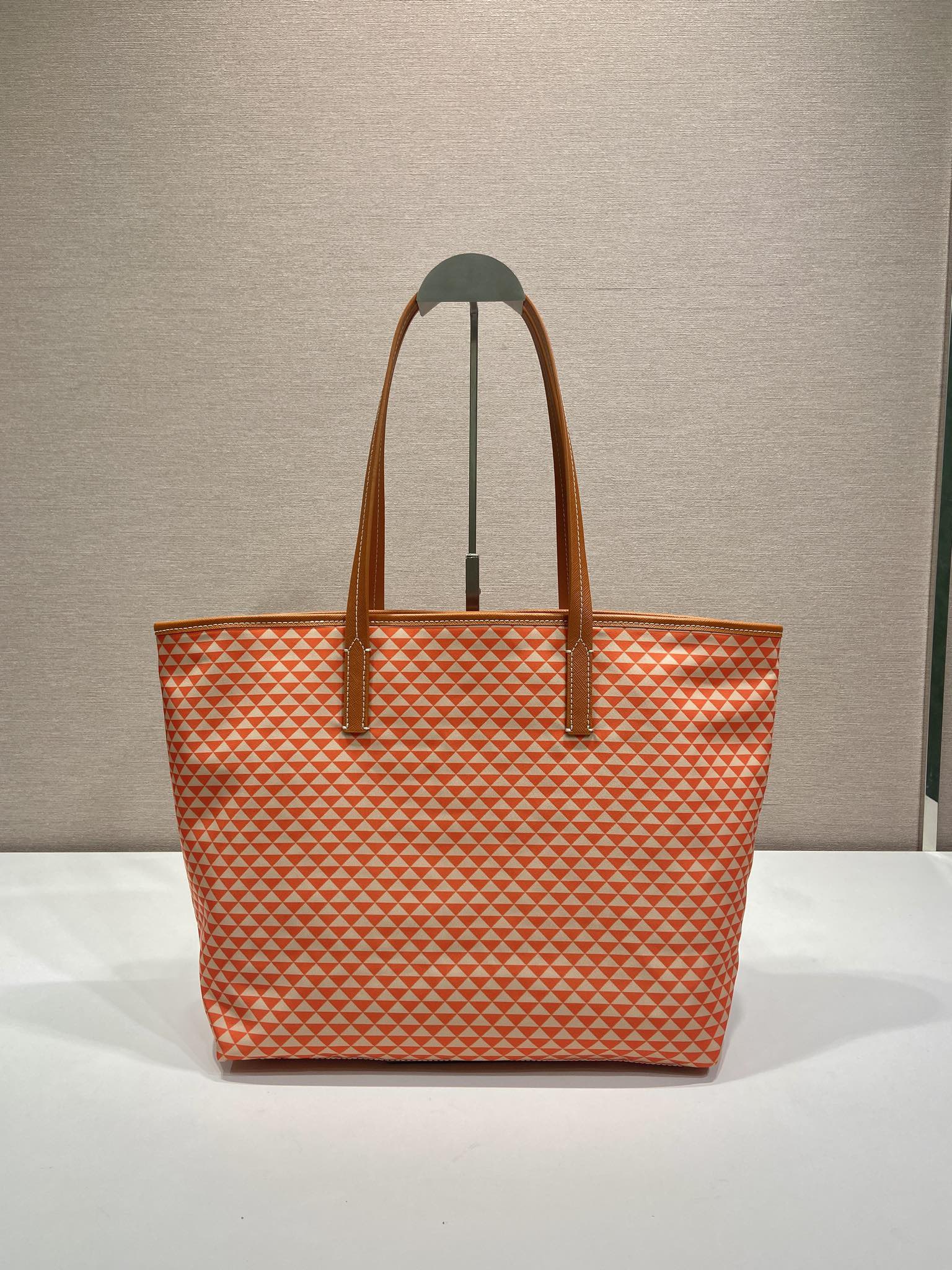 PRADA TOTE BAG 33 IN ORANGE MIX WHITE TRIANGLE PATTERN EMBROIDERED FABRIC