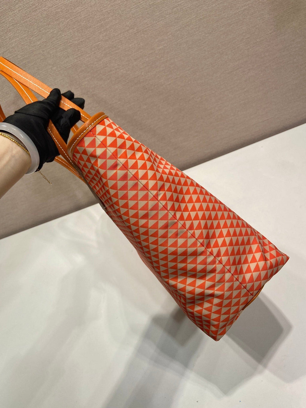 PRADA TOTE BAG 33 IN ORANGE MIX WHITE TRIANGLE PATTERN EMBROIDERED FABRIC