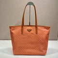 PRADA TOTE BAG 33 IN ORANGE MIX WHITE TRIANGLE PATTERN EMBROIDERED FABRIC