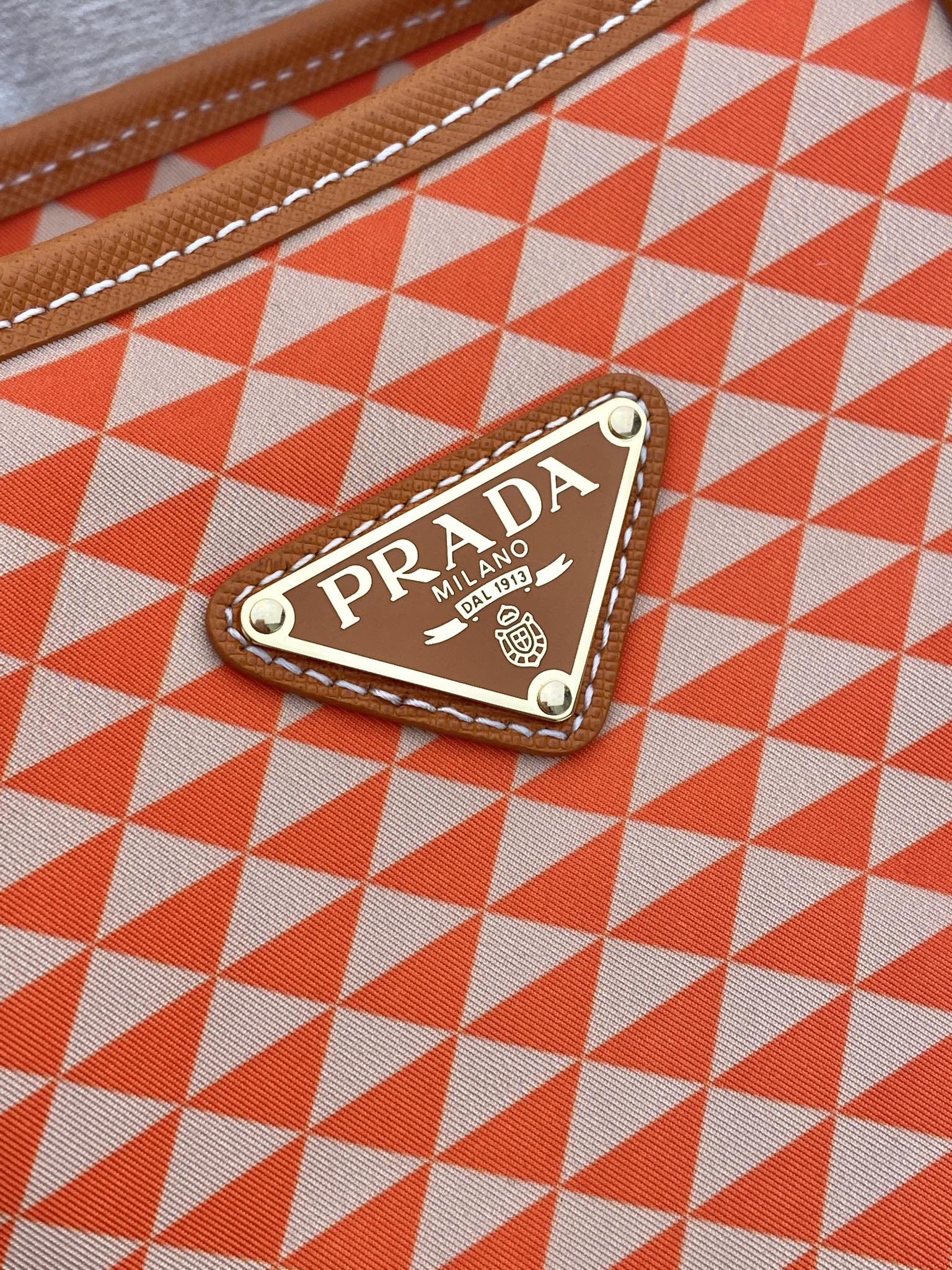 PRADA TOTE BAG 33 IN ORANGE MIX WHITE TRIANGLE PATTERN EMBROIDERED FABRIC
