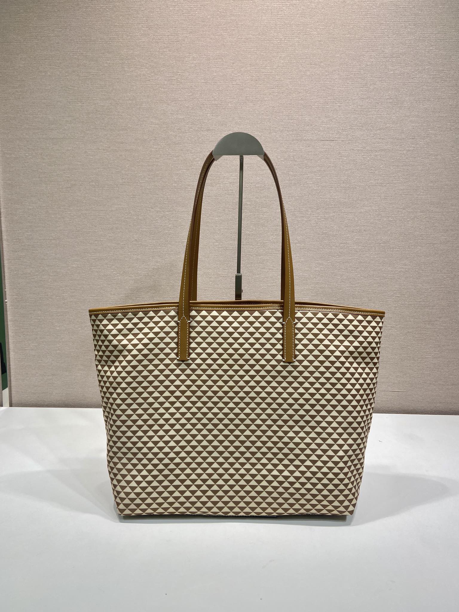 PRADA TOTE BAG 33 IN BROWN MIX CREAM TRIANGLE PATTERN EMBROIDERED FABRIC
