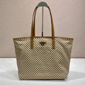 PRADA TOTE BAG 33 IN BROWN MIX CREAM TRIANGLE PATTERN EMBROIDERED FABRIC