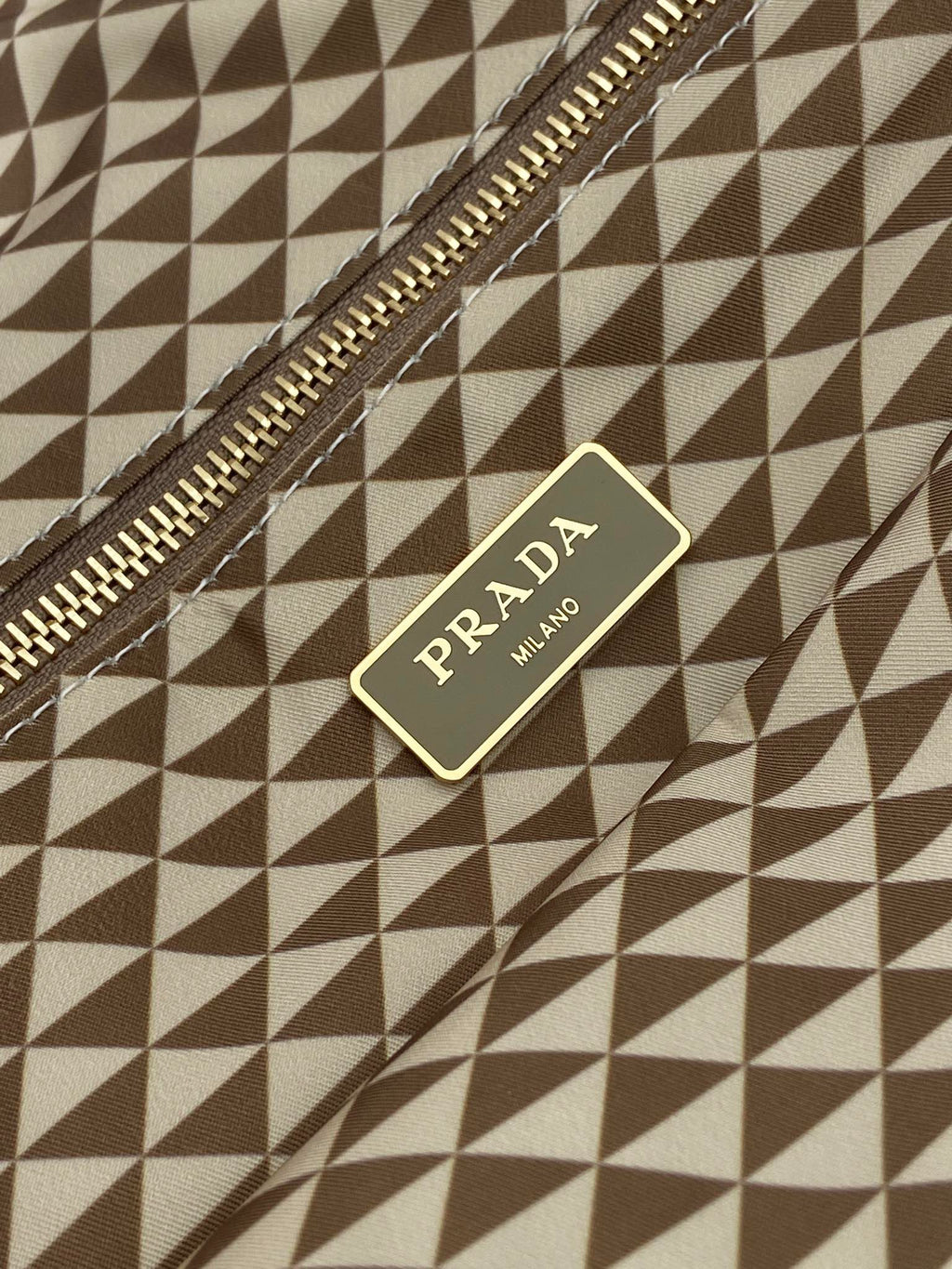 PRADA TOTE BAG 33 IN BROWN MIX CREAM TRIANGLE PATTERN EMBROIDERED FABRIC