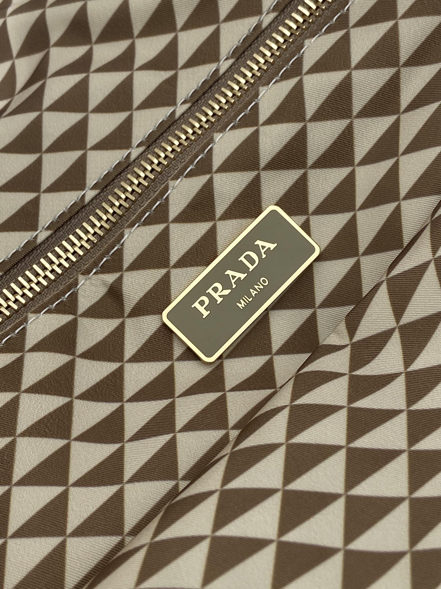 PRADA TOTE BAG 33 IN BROWN MIX CREAM TRIANGLE PATTERN EMBROIDERED FABRIC
