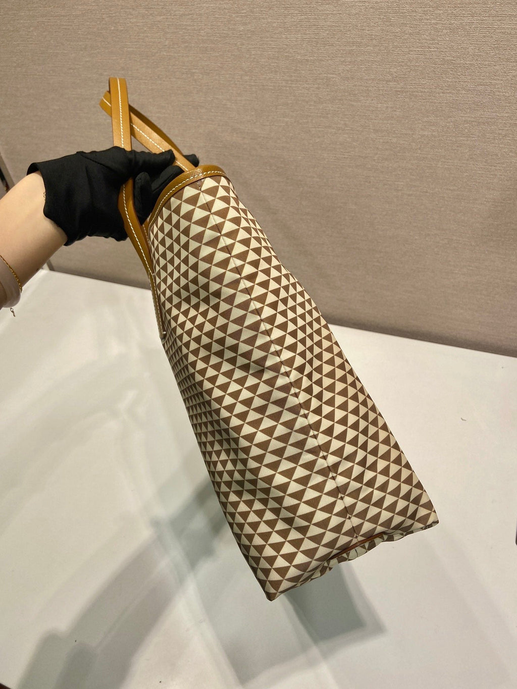 PRADA TOTE BAG 33 IN BROWN MIX CREAM TRIANGLE PATTERN EMBROIDERED FABRIC