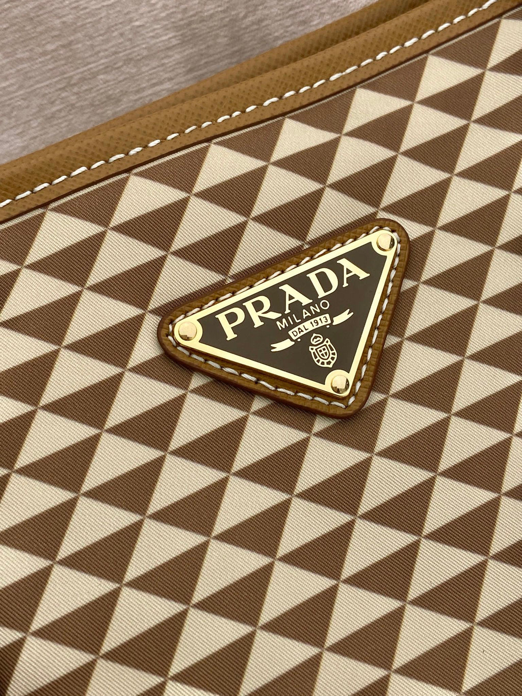 PRADA TOTE BAG 33 IN BROWN MIX CREAM TRIANGLE PATTERN EMBROIDERED FABRIC