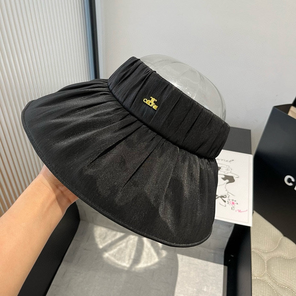 CELINE WIDE BRIM HALF HEAD HAT MODEL 650342 IN BLACK PLEATED SATIN