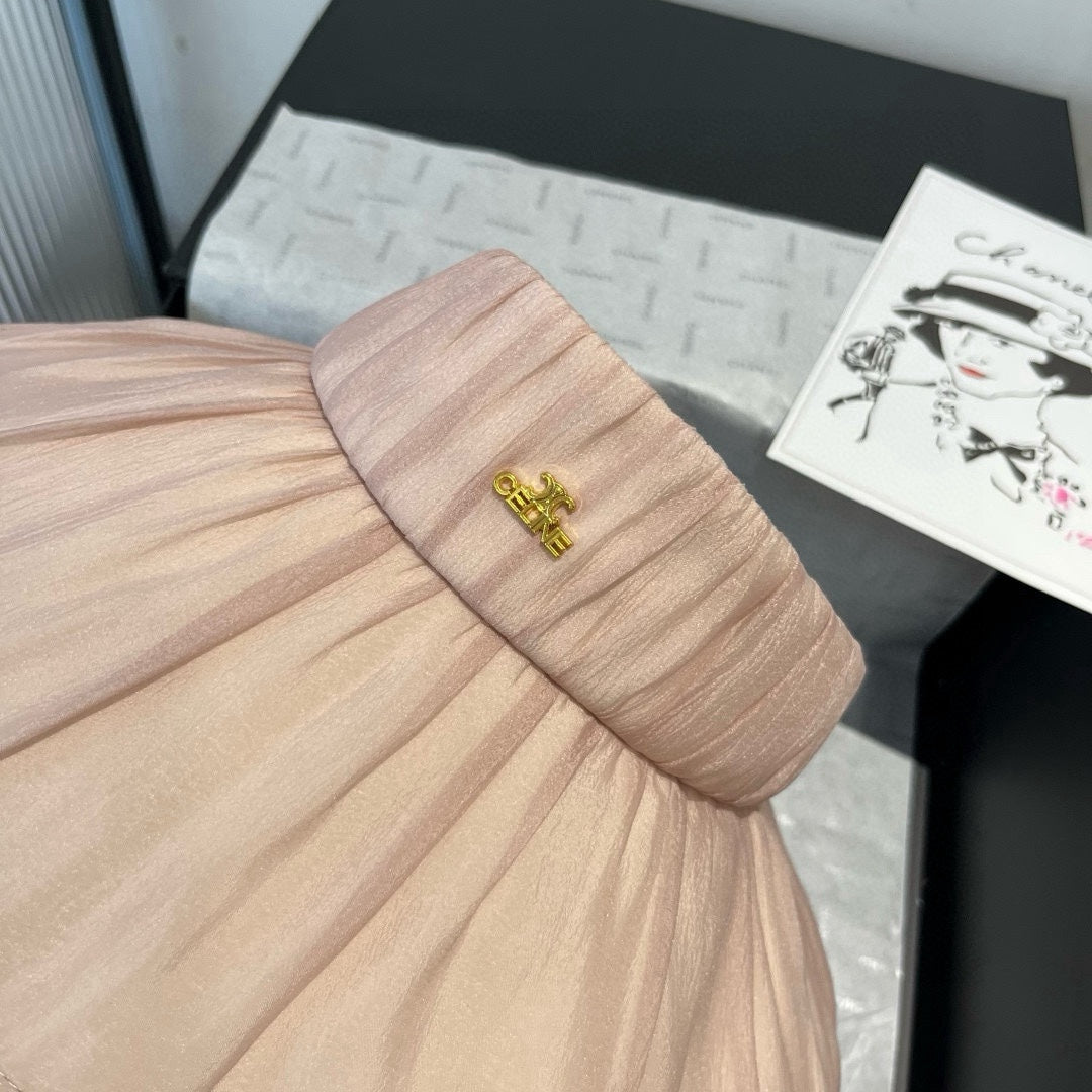 CELINE WIDE BRIM HALF HEAD HAT MODEL 650343 IN LIGHT PINK PLEATED SATIN