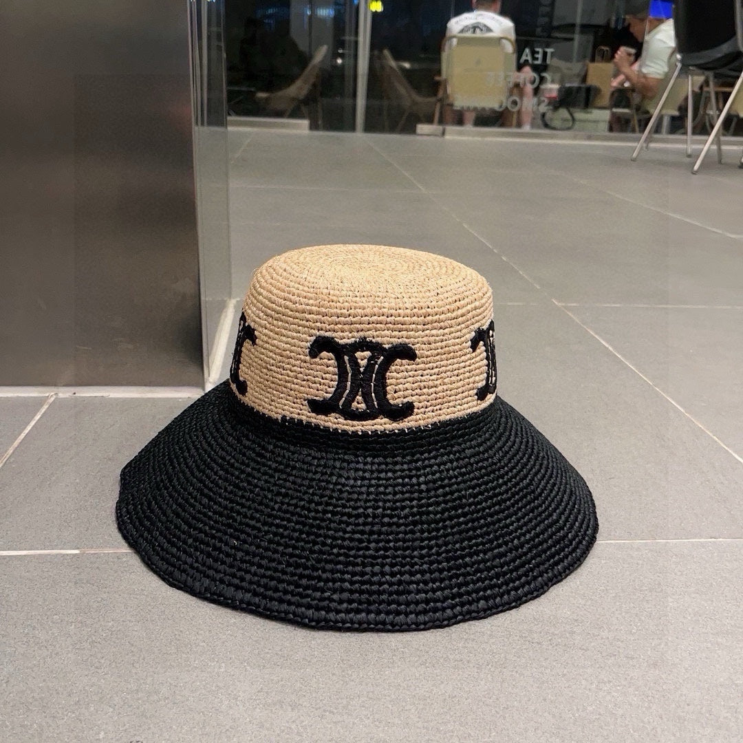 CELINE WIDE BRIM HAT MODEL 650346 IN NATURAL & BLACK WOVEN STRAW