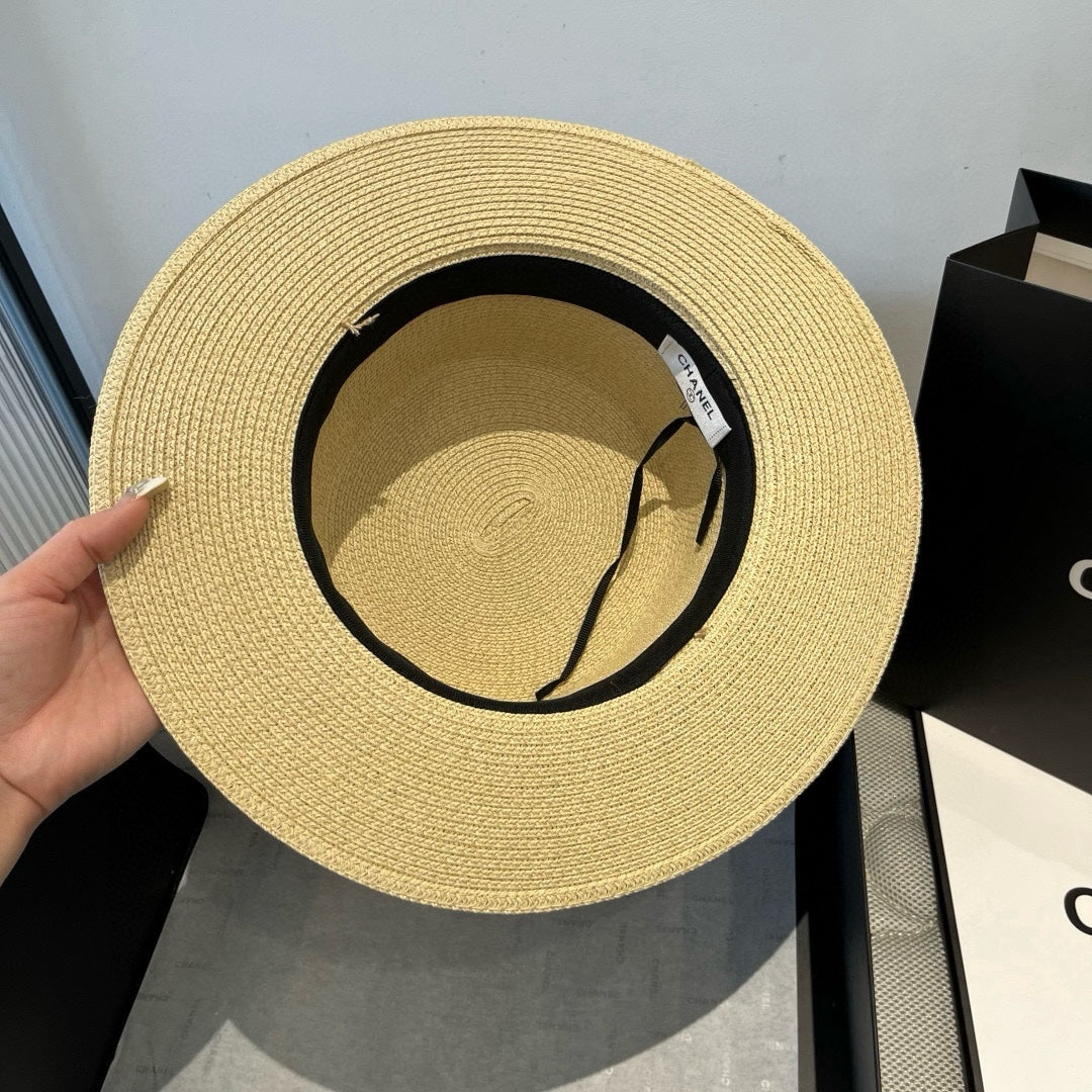 CHANEL FLAT STRAW HAT WITH BOW BROWN 673922