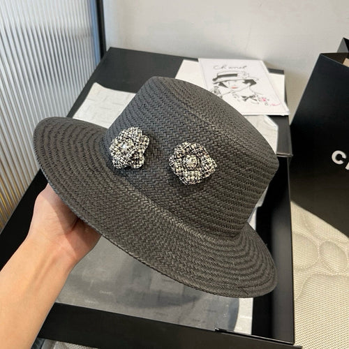 CHANEL FLAT STRAW HAT BLACK FLOWER ATTACHMENT 673929