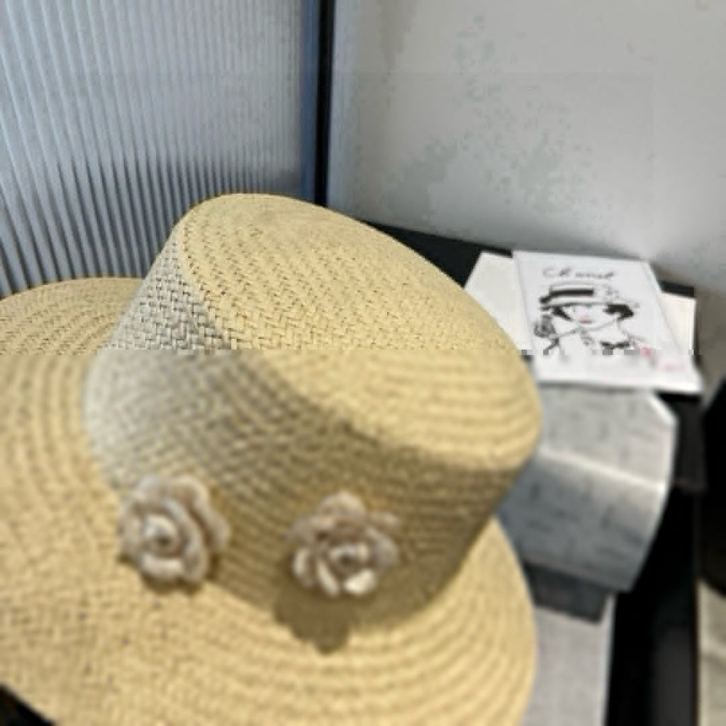 CHANEL FLAT STRAW HAT IVORY FLOWER ATTACHMENT 673932