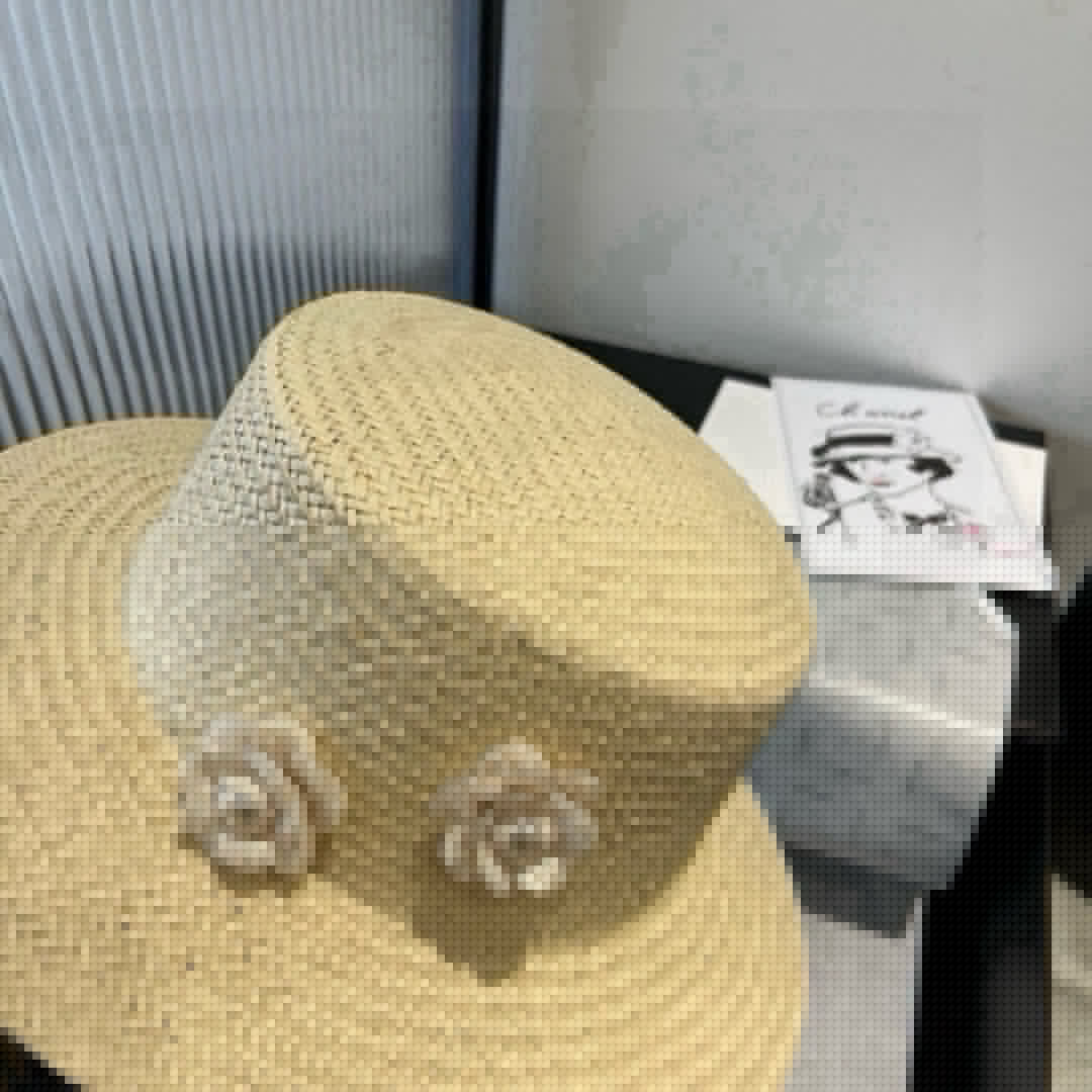 CHANEL FLAT STRAW HAT IVORY FLOWER ATTACHMENT 673932