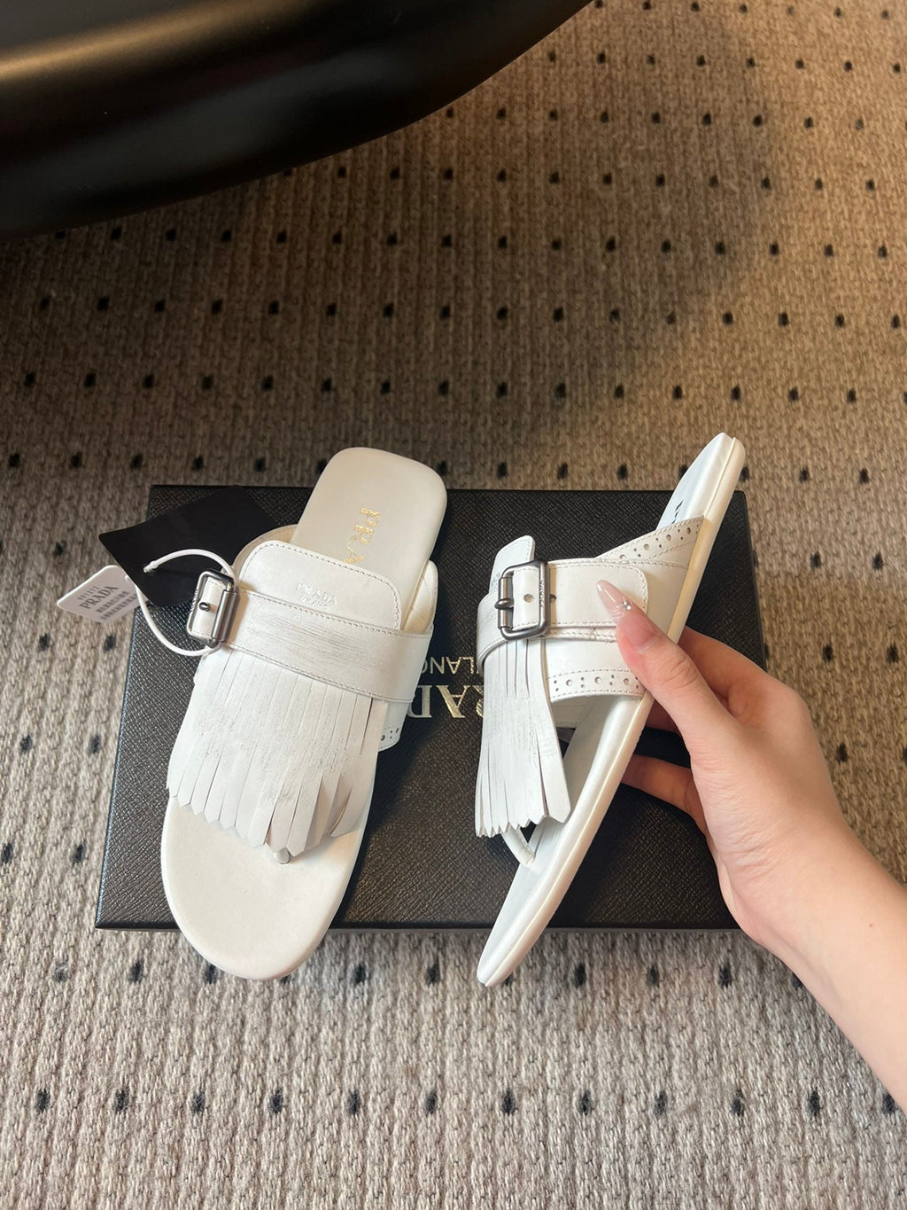 PRADA 25S SHUFFLE LEATHER THONG SANLS IN IVORY CALFSKIN