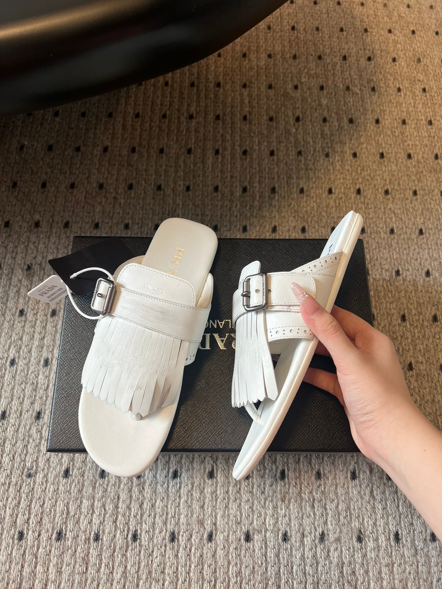 PRADA 25S SHUFFLE LEATHER THONG SANLS IN IVORY CALFSKIN