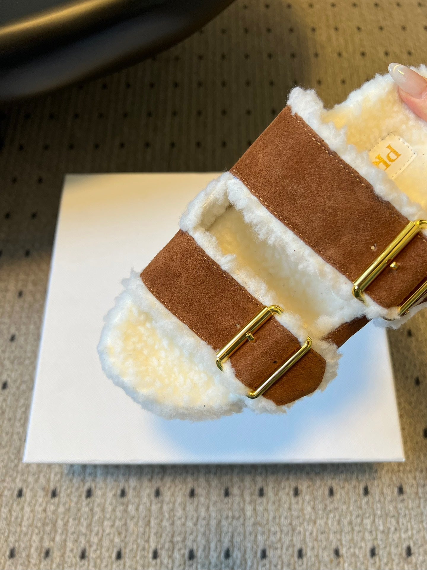 PRADA 25S TWO-STRAP SANLS IN BROWN SUEDE AND WHITE SHEARLING WITH GOLD HARDWARE